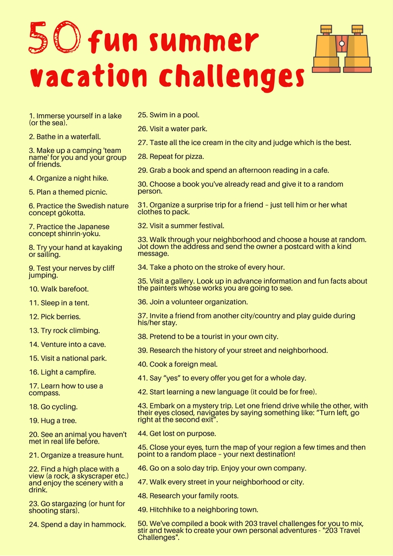 50 fun summer vacation challenges (+ printable list) - 203Challenges